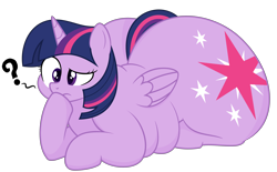 Size: 7000x4333 | Tagged: safe, artist:andelai, artist:worstsousaphonehorse, character:twilight sparkle, character:twilight sparkle (alicorn), species:alicorn, species:pony, absurd resolution, belly, fat, female, huge butt, impossibly large butt, large butt, lying down, mare, obese, princess twilard, puzzled, question mark, simple background, solo, text, the ass was fat, transparent background, twibutt, twilard sparkle, twilight has a big ass, vector
