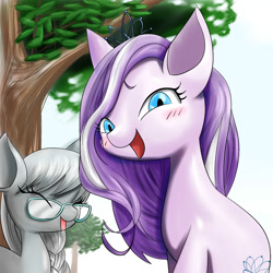 Size: 2000x2000 | Tagged: safe, artist:unousaya, character:diamond tiara, character:silver spoon, species:earth pony, species:pony, adorabullies, cute, diamondbetes, duo, eyes closed, female, filly, glasses, laughing, looking at you, missing accessory, silverbetes, tree