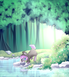 Size: 991x1111 | Tagged: safe, artist:airiniblock, rcf community, oc, oc only, oc:sirocca, species:bat pony, species:pony, forest, pond, reflection, solo, tongue out