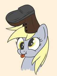 Size: 606x801 | Tagged: safe, artist:andelai, character:derpy hooves, species:pegasus, species:pony, boot, boot to the head, cute, derpabetes, female, head, oro (dingo pictures), shoe on head, silly, silly pony, simple background, smiling, solo, tongue out