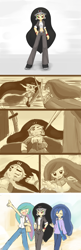 Size: 1000x3083 | Tagged: safe, artist:howxu, character:king sombra, character:princess celestia, character:princess luna, species:human, chibi, comic, flashback, humanized, purse, queen umbra, redemption, rule 63, sepia, sword, weapon