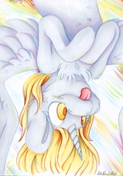 Size: 1725x2472 | Tagged: safe, artist:cutepencilcase, character:derpy hooves, species:alicorn, species:pony, alicornified, chest fluff, derpicorn, female, mare, princess derpy, race swap, smiling, solo, spread wings, tongue out, upside down, wings