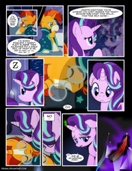 Size: 1275x1650 | Tagged: safe, artist:dsana, character:starlight glimmer, character:sunburst, species:pony, species:unicorn, comic:the shadow shard, ship:starburst, blushing, colored horn, comic, curved horn, disembodied horn, duality, female, horn, inner demons, male, mare, reflection, semi-grimdark series, shipping, sleeping, sombra's horn, stallion, straight, z, zzz