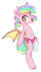 Size: 1586x2773 | Tagged: safe, artist:hawthornss, oc, oc only, oc:paper stars, species:bat pony, species:pony, amputee, bandage, beach ball, bikini, bikini bottom, chest fluff, clothing, cute, cute little fangs, ear fluff, fangs, female, looking at you, missing limb, open mouth, simple background, smiling, solo, stump, swimsuit, transparent background