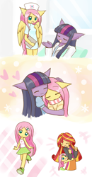 Size: 1074x2067 | Tagged: safe, artist:howxu, character:fluttershy, character:sunset shimmer, character:twilight sparkle, species:anthro, ship:twishy, my little pony:equestria girls, age regression, blushing, chibi, clothing, colored pupils, comic, cute, equestria girls outfit, female, flutternurse, howxu is trying to murder us, hug, human female, lesbian, nurse outfit, scarf, shipping, shyabetes, skirt, tank top, younger