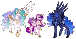 Size: 2529x1313 | Tagged: safe, artist:kikirdcz, character:princess cadance, character:princess celestia, character:princess luna, species:alicorn, species:pony, alicorn triarchy, big wings, crown, curved horn, female, hoers, jewelry, mare, raised hoof, regalia, royal sisters, simple background, smiling, transparent background, trio, wings