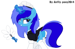 Size: 3539x2305 | Tagged: safe, artist:airfly-pony, rcf community, oc, oc only, oc:spacelight, species:pony, species:unicorn, background removed, clothing, female, glowing horn, looking back, magic, maid, mare, simple background, solo, telekinesis, transparent background