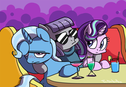 Size: 1000x691 | Tagged: safe, artist:foudubulbe, character:maud pie, character:starlight glimmer, character:trixie, species:pony, species:unicorn, comic:damp rocks, ship:mauxie, ship:startrix, blushing, clothing, cocktail glass, drink, facehoof, female, glass, lesbian, mare, maud gets all the mares, ot3, shipping, starmauxie, suggestive series, sunglasses, table, trio, wine glass