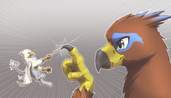 Size: 3600x2070 | Tagged: safe, artist:mykegreywolf, oc, oc only, oc:der, oc:saewin, species:griffon, commission, cute, fight, griffon oc, looking at each other, micro, toothpick, weapon