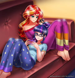 Size: 900x934 | Tagged: safe, artist:racoonsan, character:sunset shimmer, character:twilight sparkle, character:twilight sparkle (scitwi), species:eqg human, species:human, ship:scitwishimmer, ship:sunsetsparkle, g4, my little pony:equestria girls, bare shoulders, barefoot, cellphone, clothing, cuddling, cute, duo, feet, female, glasses, human coloration, humanized, lesbian, off shoulder, pajamas, phone, shimmerbetes, shipping, shoulderless, smartphone, smiling, toes, twiabetes
