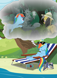 Size: 4800x6600 | Tagged: safe, artist:anxet, artist:mundschenk85, artist:the smiling pony, character:daring do, character:rainbow dash, species:griffon, species:pony, absurd resolution, beach chair, book, bottle, daring do and the griffon's goblet, dream, goblet, sleeping, statue, vector
