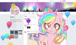 Size: 1605x950 | Tagged: safe, artist:hawthornss, character:party favor, oc, oc:paper stars, species:bat pony, species:pony, :3, balloon, birthday, clothing, cute, ear fluff, female, lidded eyes, looking at you, mare, meta, mouth hold, party horn, sailor moon, smiling, socks, solo, sparkles, starry eyes, twitter, wingding eyes