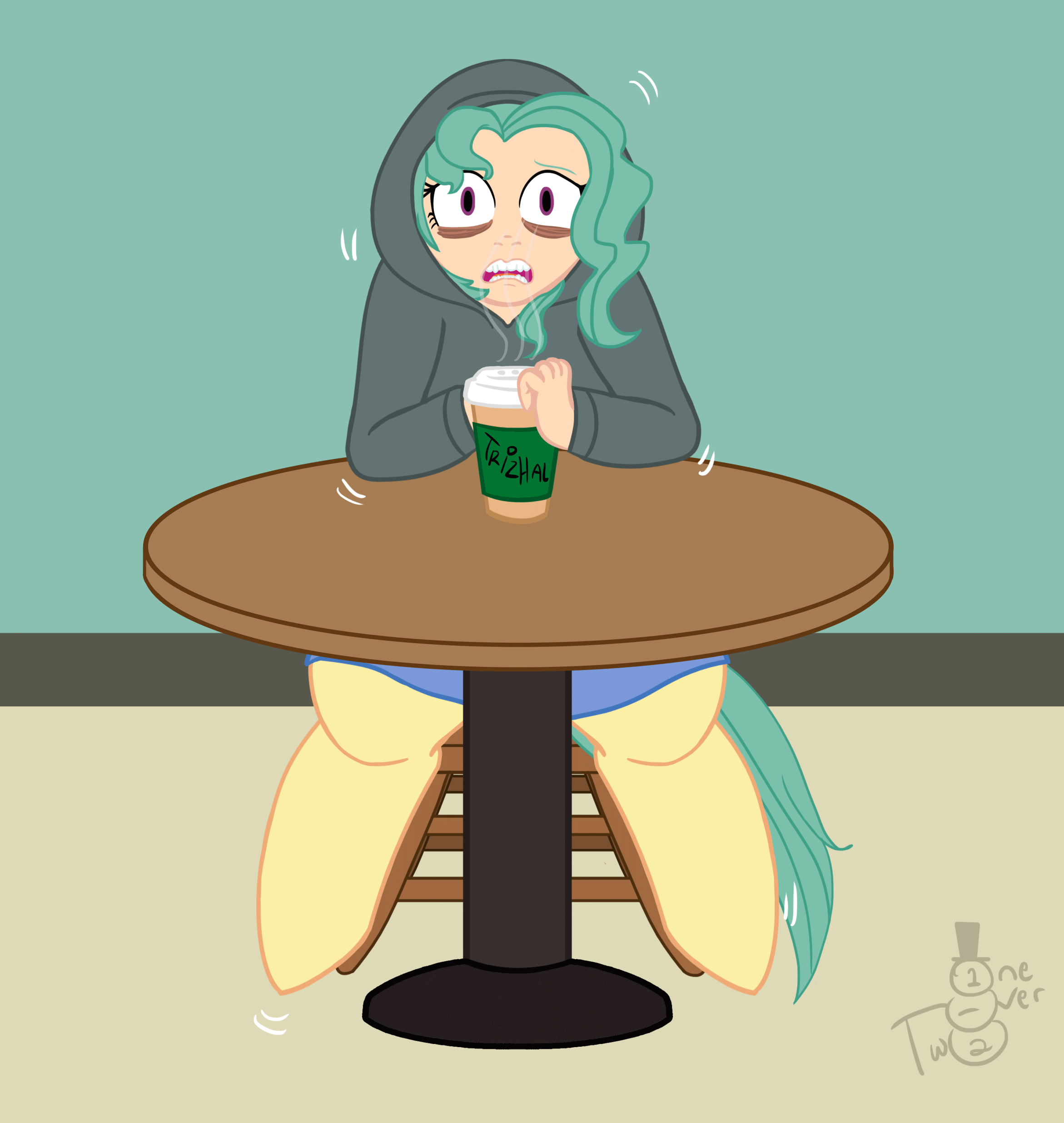 Size: 2342x2472 | Tagged: safe, artist:oneovertwo, oc, oc only, oc:drizzle, parent:zephyr breeze, satyr, animated, chair, coffee, gif, solo, table