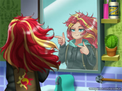 Size: 869x650 | Tagged: safe, artist:racoonsan, character:sunset shimmer, species:human, episode:monday blues, eqg summertime shorts, g4, my little pony: equestria girls, my little pony:equestria girls, bathroom, bed hair, bottle, cactus, clothing, cute, female, finger gun, finger guns, hoodie, majestic as fuck, mane 'n tail, messy hair, mirror, nailed it, pointing, reflection, scene interpretation, shimmerbetes, smiling, solo, sunset's apartment, tired