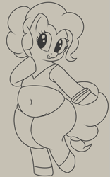 Size: 499x798 | Tagged: safe, artist:andelai, character:pinkie pie, belly, belly button, bipedal, chubby, fat, female, monochrome, piggy pie, pudgy pie, semi-anthro, simple background, solo, workout outfit