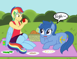 Size: 1024x791 | Tagged: safe, artist:oneovertwo, character:archer, oc, oc:icarus, parent:rainbow dash, satyr, apple, archer (character), bread, food, picnic, scootablue