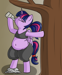 Size: 1000x1200 | Tagged: safe, artist:andelai, character:twilight sparkle, character:twilight sparkle (alicorn), species:alicorn, species:pony, belly, belly button, bipedal, bra on pony, chubby, clothing, compression shorts, cycling shorts, drinking, fat, female, plump, rock, semi-anthro, solo, sports bra, tree, twilard sparkle, wide hips, workout outfit