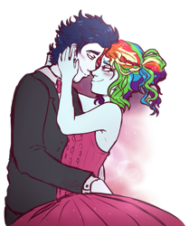 Size: 881x1056 | Tagged: safe, artist:kikirdcz, character:rainbow dash, character:soarin', ship:soarindash, my little pony:equestria girls, clothing, dress, equestria girls-ified, female, looking at each other, male, multicolored hair, pony coloring, shipping, simple background, smiling, straight, suit, transparent background