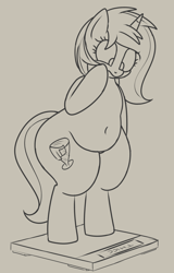 Size: 558x872 | Tagged: safe, artist:andelai, oc, oc only, oc:celice, species:pony, species:unicorn, belly button, bipedal, chubby, concerned, fat, female, lineart, mare, monochrome, need to go on a diet, need to lose weight, scale, semi-anthro, simple background, solo, weight woe, wide hips