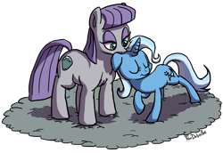 Size: 1000x687 | Tagged: safe, artist:foudubulbe, character:maud pie, character:trixie, species:earth pony, species:pony, species:unicorn, comic:damp rocks, ship:mauxie, female, lesbian, mare, shipping, suggestive series