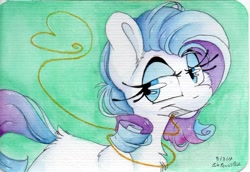 Size: 1024x705 | Tagged: safe, artist:cutepencilcase, character:rarity, species:pony, chest fluff, ear fluff, female, lidded eyes, looking away, mouth hold, simple background, solo, traditional art