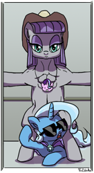 Size: 500x921 | Tagged: safe, artist:foudubulbe, character:maud pie, character:starlight glimmer, character:trixie, species:earth pony, species:pony, species:unicorn, comic:damp rocks, ship:mauxie, bipedal, clothing, female, gangnam style, hat, implied starmaud, lesbian, mare, medallion, muscles, muscular female, open mouth, shipping, suggestive series, sunglasses, wat