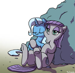 Size: 650x632 | Tagged: safe, artist:foudubulbe, character:maud pie, character:trixie, species:earth pony, species:pony, species:unicorn, comic:damp rocks, ship:mauxie, boulder, eyes closed, female, hug, lesbian, mare, shipping, sitting, smiling, suggestive series, underhoof