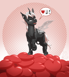 Size: 1900x2090 | Tagged: safe, artist:mykegreywolf, oc, oc only, oc:silver lies, species:changeling, species:pony, abstract background, changeling oc, exclamation point, female, heart, looking at you, mare, music notes, open mouth, solo, white changeling