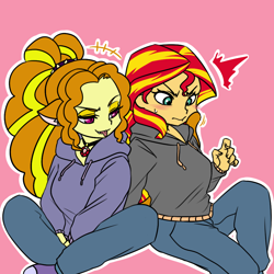 Size: 1000x1000 | Tagged: safe, artist:raika0306, character:adagio dazzle, character:sunset shimmer, ship:sunsagio, equestria girls:rainbow rocks, g4, my little pony: equestria girls, my little pony:equestria girls, blushing, breasts, cat ears, cat tail, catgirl, clothing, eared humanization, female, hoodie, lesbian, shipping, simple background, smiling, sweater