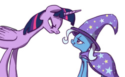 Size: 1000x615 | Tagged: safe, artist:foudubulbe, character:trixie, character:twilight sparkle, character:twilight sparkle (alicorn), species:alicorn, species:pony, species:unicorn, cape, clothing, female, glare, hat, lidded eyes, looking at each other, mare, simple background, size difference, smiling, smug, trixie's cape, trixie's hat, unamused, white background
