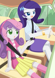 Size: 1075x1512 | Tagged: safe, artist:howxu, character:rarity, character:sweetie belle, my little pony:equestria girls, belt, car, clothing, colored pupils, cute, diasweetes, driving, female, hairband, open mouth, raribetes, seatbelt, sisters, skirt