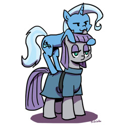 Size: 500x504 | Tagged: safe, artist:foudubulbe, character:maud pie, character:trixie, species:earth pony, species:pony, species:unicorn, comic:damp rocks, ship:mauxie, :3, >:3, clothing, ear bite, female, lesbian, lidded eyes, mare, shipping, simple background, smiling, suggestive series, white background