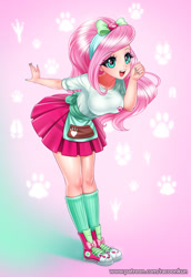 Size: 758x1100 | Tagged: safe, artist:racoonsan, character:fluttershy, episode:pet project, eqg summertime shorts, g4, my little pony: equestria girls, my little pony:equestria girls, adorasexy, apron, big breasts, bow, breasts, busty fluttershy, clothing, converse, cute, female, hair bow, heart eyes, nail polish, open mouth, paws, pink background, pleated skirt, ribbon, sexy, shoes, shyabetes, simple background, skirt, sneakers, socks, solo, wingding eyes