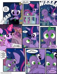 Size: 1275x1650 | Tagged: safe, artist:dsana, character:spike, character:twilight sparkle, character:twilight sparkle (alicorn), species:alicorn, species:dragon, species:pony, comic:a moment in time, baby, baby spike, biting, blushing, comic, crying, cute, diaper, dsana is trying to murder us, female, filly, filly twilight sparkle, holding a dragon, magic, mama twilight, nom, ponidox, self ponidox, spikabetes, time travel, wing bite, wing noms, younger
