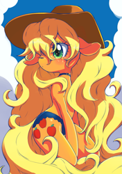 Size: 1407x1997 | Tagged: safe, artist:unousaya, character:applejack, species:earth pony, species:pony, alternate hairstyle, blue underwear, choker, clothing, cowboy hat, cute, female, floppy ears, freckles, frilly underwear, hair over one eye, hat, mare, one eye closed, panties, solo, stetson, underwear