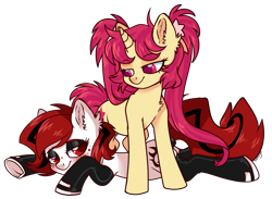 Size: 3517x2568 | Tagged: safe, artist:hawthornss, oc, oc only, oc:lilith, oc:seren, oc:seren song, species:earth pony, species:pony, species:unicorn, bedroom eyes, blushing, bow, clothing, eyeshadow, hair bow, latex, long mane, makeup, pigtails, socks, twintails, underhoof