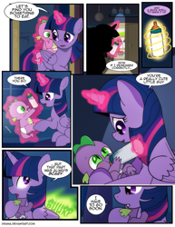 Size: 1275x1650 | Tagged: safe, artist:dsana, character:spike, character:twilight sparkle, character:twilight sparkle (alicorn), species:alicorn, species:dragon, species:pony, comic:a moment in time, baby, baby bottle, baby spike, burp, comic, cute, fire, fire breath, magic, mama twilight, milk, spikabetes, time travel, twiabetes, younger