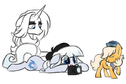 Size: 1024x682 | Tagged: safe, artist:azure-art-wave, oc, oc only, oc:ginger snap, oc:mademoiselle d'hiver, oc:picture perfect, parent:photo finish, parent:zesty gourmand, parents:zestyfinish, species:earth pony, species:pony, species:unicorn, camera, female, filly, magical lesbian spawn, mare, offspring, prone, simple background, transparent background