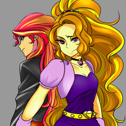Size: 1000x1000 | Tagged: safe, artist:raika0306, character:adagio dazzle, character:sunset shimmer, ship:sunsagio, equestria girls:rainbow rocks, g4, my little pony: equestria girls, my little pony:equestria girls, breasts, cleavage, clothing, female, gem, jacket, lesbian, shipping, simple background, siren gem, smiling