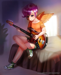 Size: 814x1000 | Tagged: safe, artist:racoonsan, character:scootaloo, species:human, species:pegasus, species:pony, bass guitar, bed, bedroom, clothing, converse, crossed legs, cute, cutealoo, denim shorts, female, guitar, humanized, left handed, legs, musical instrument, purple eyes, purple hair, scootabass, shirt, shoes, short hair, shorts, sneakers, solo, t-shirt, winged humanization, wings