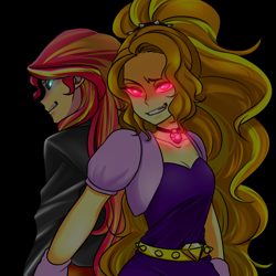 Size: 1000x1000 | Tagged: safe, alternate version, artist:raika0306, character:adagio dazzle, character:sunset shimmer, ship:sunsagio, my little pony:equestria girls, breasts, cleavage, clothing, evil grin, female, gem, glowing eyes, grin, jacket, lesbian, shipping, simple background, siren gem, smiling