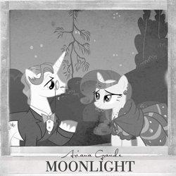 Size: 800x800 | Tagged: safe, artist:penguinsn1fan, artist:philiptomkins, artist:the smiling pony, character:fancypants, character:rarity, species:pony, ariana grande, cover, monochrome, parody