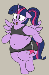 Size: 641x981 | Tagged: safe, artist:andelai, character:twilight sparkle, character:twilight sparkle (alicorn), species:alicorn, species:pony, belly, belly button, bra on pony, chubby, clothing, exercise, fat, female, ponytail, princess twilard, semi-anthro, simple background, solo, sports bra, tongue out, twilard sparkle, workout outfit