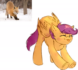 Size: 1972x1768 | Tagged: safe, artist:vincher, character:scootaloo, species:fox, species:pegasus, species:pony, behaving like a fox, blep, chest fluff, cute, eyes closed, face down ass up, female, filly, fluffy, mare, ponified animal photo, shoulder fluff, silly, simple background, smiling, stretching, tongue out, underhoof, white background