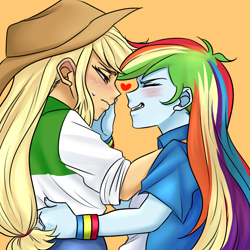 Size: 1000x1000 | Tagged: safe, artist:raika0306, character:applejack, character:rainbow dash, ship:appledash, my little pony:equestria girls, clothing, cowboy hat, eyes closed, female, hat, lesbian, multicolored hair, shipping, smiling, stetson