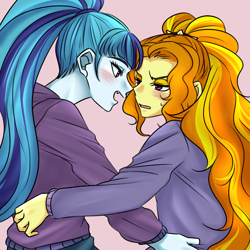 Size: 1000x1000 | Tagged: safe, artist:raika0306, character:adagio dazzle, character:sonata dusk, ship:sonagio, equestria girls:rainbow rocks, g4, my little pony: equestria girls, my little pony:equestria girls, blushing, clothing, explicit description, fangs, female, hoodie, lesbian, open mouth, shipping, simple background, sweater