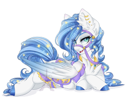 Size: 1024x819 | Tagged: safe, artist:pvrii, oc, oc only, oc:midnight radiance, species:pegasus, species:pony, bridle, female, looking at you, mare, open mouth, prone, simple background, smiling, solo, tack, transparent background, watermark