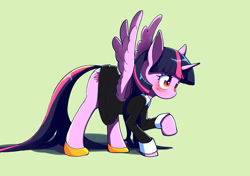 Size: 2894x2039 | Tagged: safe, artist:unousaya, character:twilight sparkle, character:twilight sparkle (alicorn), species:alicorn, species:pony, blushing, clothing, dress, embarrassed, embarrassed underwear exposure, female, mare, panties, raised hoof, shoes, simple background, solo, spread wings, underwear, white underwear, wings