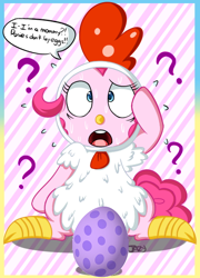 Size: 420x583 | Tagged: safe, artist:pokumii, artist:the smiling pony, edit, character:pinkie pie, species:chicken, episode:luna eclipsed, g4, my little pony: friendship is magic, animal costume, chicken pie, chicken suit, clothing, costume, dialogue, egg, female, how, open mouth, oviposition, pinkie logic, question mark, solo, spike's egg, sweat