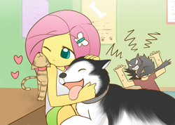 Size: 1512x1075 | Tagged: safe, artist:howxu, character:fluttershy, oc, oc:generic messy hair anime anon, species:dog, my little pony:equestria girls, cat, clothing, commission, cute, eyes closed, female, grumpy cat, heart, husky, love handles, one eye closed, scratching, shyabetes, skirt, solo, tank top, tongue out